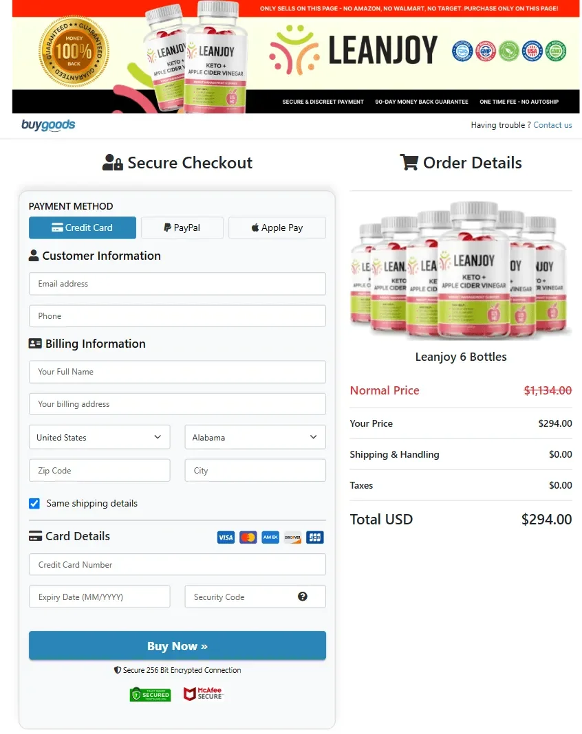 LeanJoy checkout page